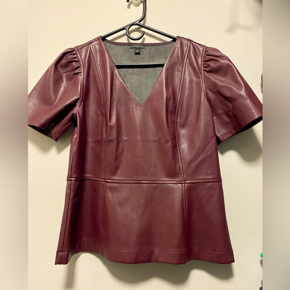 Ann Taylor faux leather top in deep mauve size L